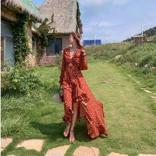 Long-sleeve Dot Print High-low Dress