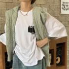 Pointelle Knit Crop Cardigan / Short-sleeve Lettering T-shirt