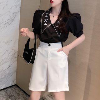 Short-sleeve Rhinestone Blouse / High-waist Dress Shorts