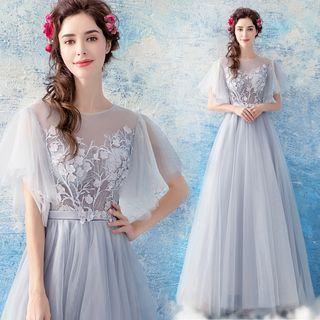 Elbow-sleeve Embroidered A-line Wedding Gown