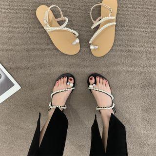 Ankle-strap Faux Pearl Flat Sandals