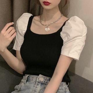 Puff-sleeve Two-tone Top