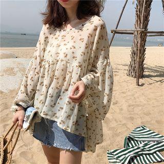 Floral Print Bell-sleeve Chiffon Light Jacket