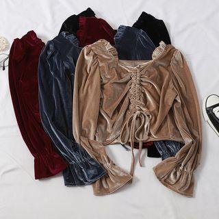 Long-sleeve Frill Trim Drawstring Velvet Cropped Top