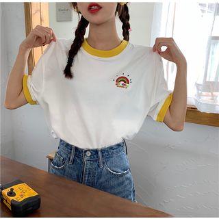 Short-sleeve Rainbow Embroidery T-shirt Rainbow - One Size