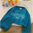 Round Neck Lettering Embroidered Loose Fit Cropped Sweatshirt