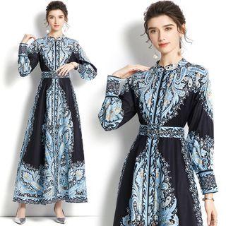 Long-sleeve Print Belted Midi A-line Dress