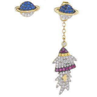 Non-matching Rhinestone Rocket & Planet Dangle Earring