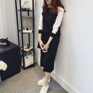 Set: Contrast Trim Long-sleeve Knit Top + Midi Straight-cut Knit Skirt