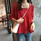 Square-neck Short-sleeve Shirt Wine Red - One Size