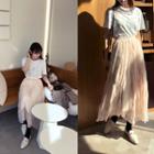 Crinkled Long Chiffon Skirt Light Pink - One Size