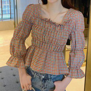 Long-sleeve Frill Trim Plaid Crop Top