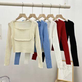 Mock Two-piece Long-sleeve Square-neck Knit Top