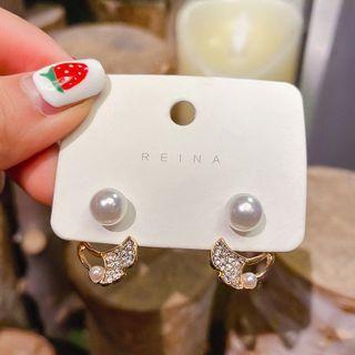 Leaf Rhinestone Faux Pearl Earring 1 Pc - White - One Size