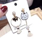 Non-matching Faux Pearl Alloy Cat Tassel Dangle Earring 1 Pair - Silver Stud - White - One Size