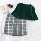 Set: Round-neck Knit Top + Mini Skirt