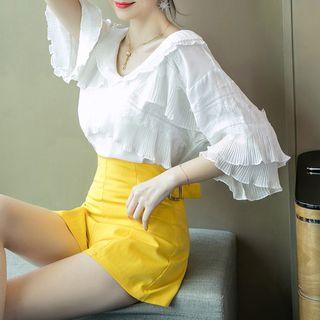 Set: Layered Collar 3/4-sleeve Top + High Waist Shorts