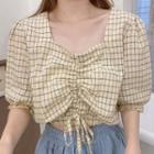 Drawstring Plaid Square Neck Puff Sleeve Top