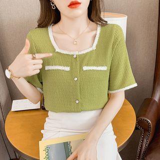 Elbow-sleeve Square Neck Contrast Trim Top