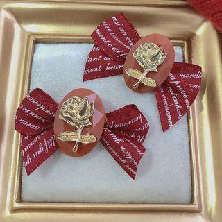 Rose Lettering Ribbon Earring 1 Pair - Red & Gold - One Size