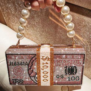 Faux Pearl Rhinestone Banknote Handbag