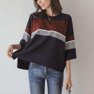 3/4-sleeve Slit-cuff Color-block Knit Top