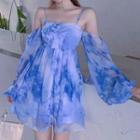 Puff-sleeve Cold Shoulder Tie Dye Mini Dress
