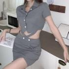 Short-sleeve Collar Button-up Cropped T-shirt / Side-slit Mini Pencil Skirt