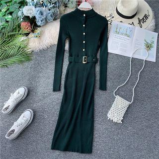 Mock-neck Long-sleeve Knit Dress With Belt