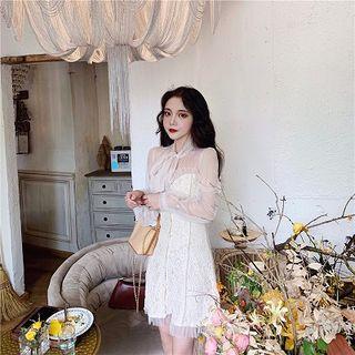 Mock Two-piece Long-sleeve Mini Dress / Tweed Open Front Jacket
