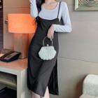 Long-sleeve Mock Two-piece Slit Midi A-line Dress