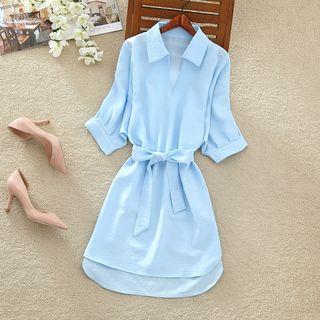 Split Neck Elbow Sleeve Collared Dress