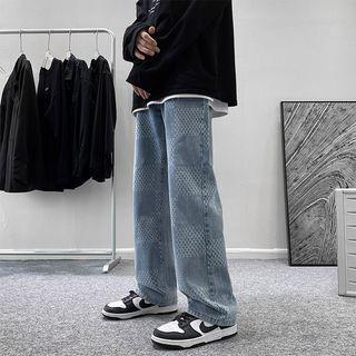 High Waist Checker Print Wide Leg Jeans