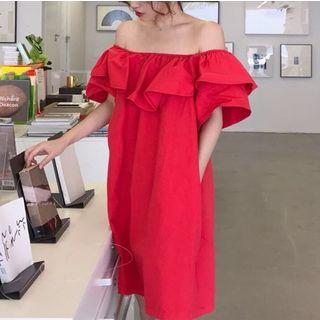 Off-shoulder Ruffle-trim Short-sleeve Mini Dress