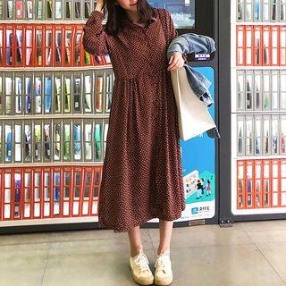 Dotted Print Long Sleeve Shirtdress