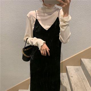 Long-sleeve Mock-neck Top / Spaghetti Strap Midi Dress