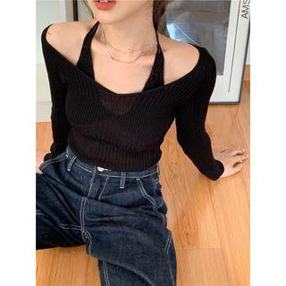 Long-sleeve Plain Knit Halter Top