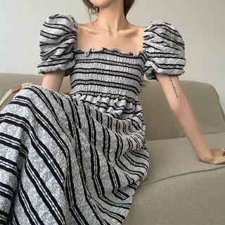 Puff-sleeve Square-neck Striped Smocked Dress