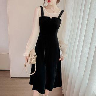 Bell-sleeve Chiffon Panel Velvnt Dress