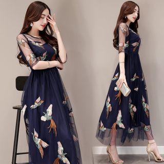 Elbow-sleeve Embroidered Chiffon A-line Maxi Dress