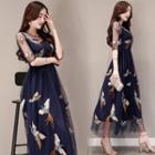 Elbow-sleeve Embroidered Chiffon A-line Maxi Dress