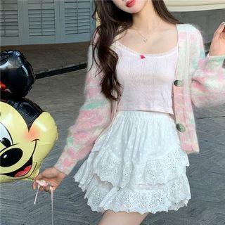Color Block Cardigan / Camisole Top / Layered Mini A-line Skirt