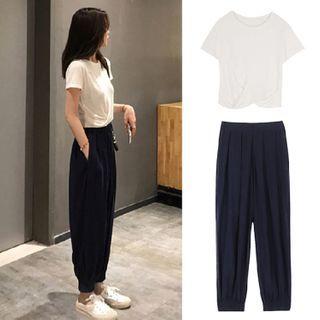 Set: Short-sleeve Cropped Top + Elastic-waist Harem Pants