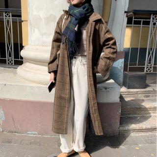 Single Breasted Plaid Trench Coat As Shown In Figure - One Size