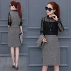 Set: Long-sleeve Lace Top + Vest + Fitted Skirt