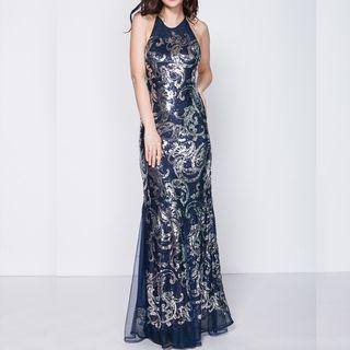 Sleeveless Sequined Embroidered Evening Dress