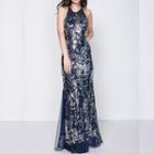 Sleeveless Sequined Embroidered Evening Dress