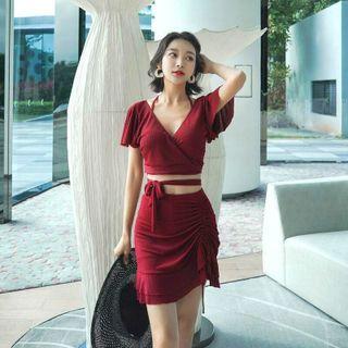 Set: Short-sleeve Tie-waist Tankini Top + Drawstring Swim Skirt