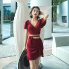 Set: Short-sleeve Tie-waist Tankini Top + Drawstring Swim Skirt