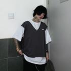 Ripped Oversize Vest / Elbow-sleeve T-shirt